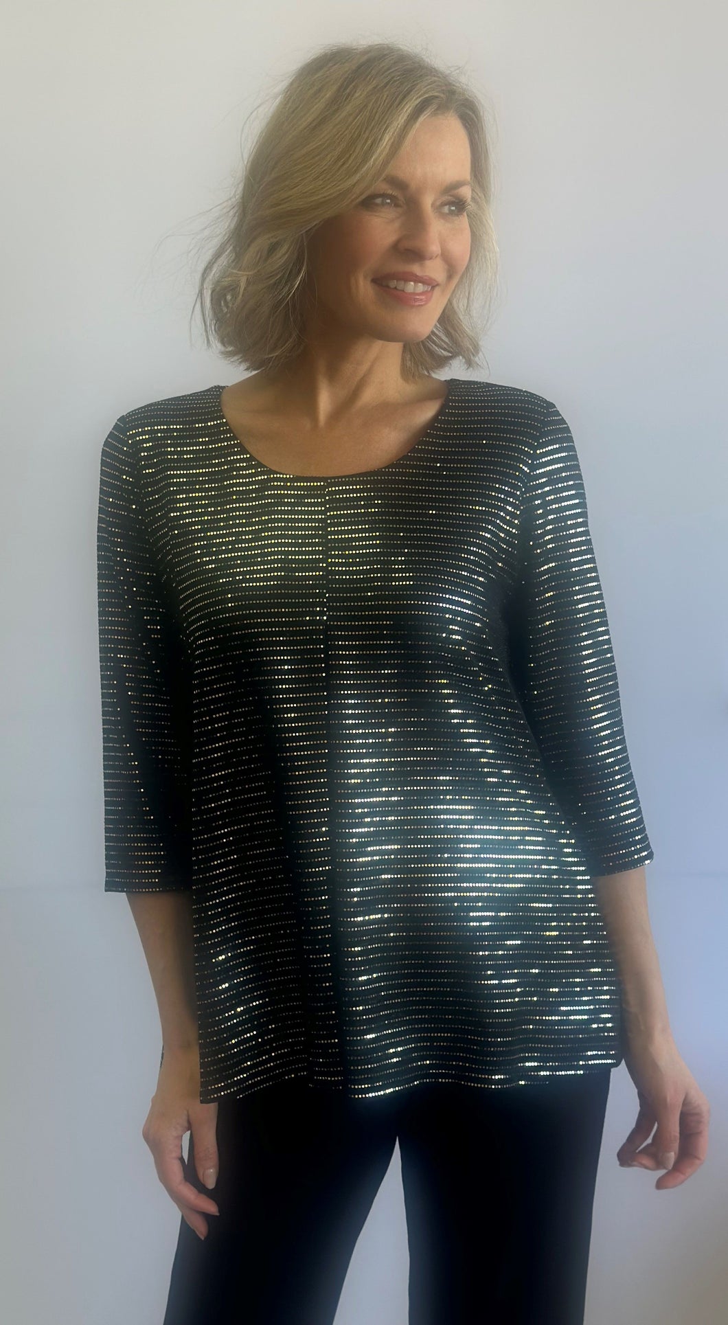 Soft Works Black & Silver Round Neck Top with Pleated Front