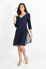 Load image into Gallery viewer, Frank Lyman Short 3/4 Sleeve V-Neck Midnight Blue Dress with Silver Jewelled Trim
