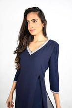 Load image into Gallery viewer, Frank Lyman Short 3/4 Sleeve V-Neck Midnight Blue Dress with Silver Jewelled Trim

