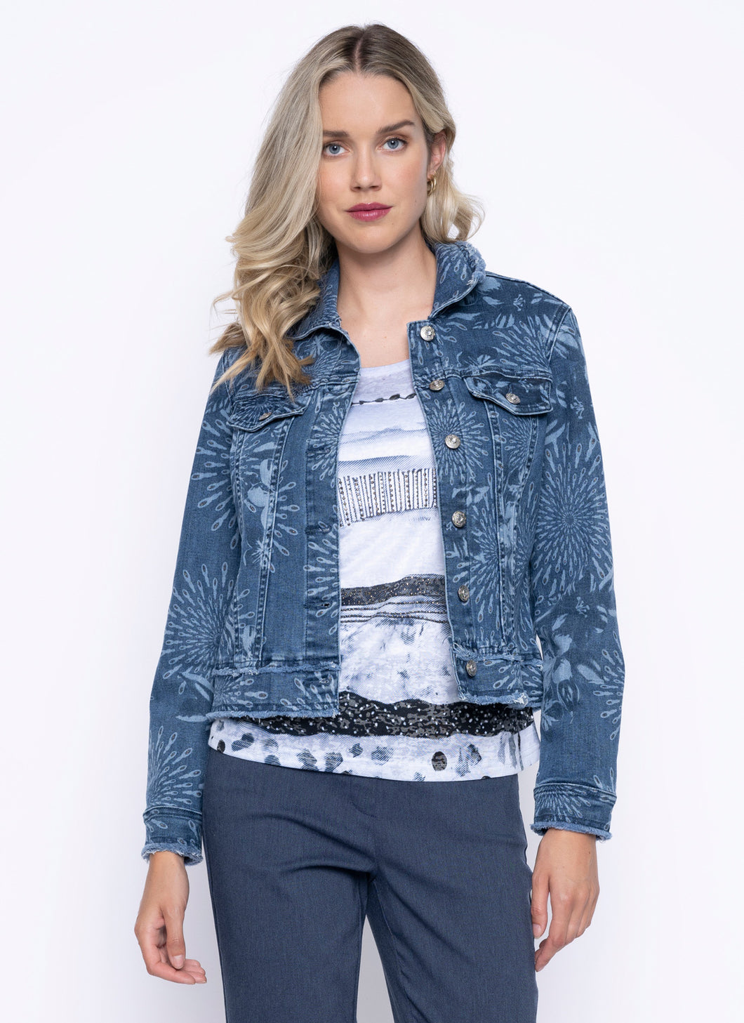 Picadilly Deep Denim Multi Modern Expression Printed Denim Jacket