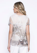 Load image into Gallery viewer, Picadilly Light Khaki Multi V-Neck Short Sleeve Golden Horizon Printed Top
