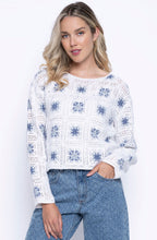 Load image into Gallery viewer, Picadilly Blue White Great Escapes Crochet Style Long Sleeve Top
