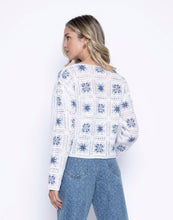 Load image into Gallery viewer, Picadilly Blue White Great Escapes Crochet Style Long Sleeve Top
