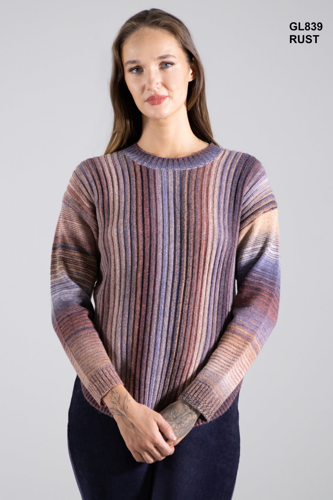 Goa Rust Multi-Colour Vertical Stripe Round Neck Pullover Sweater