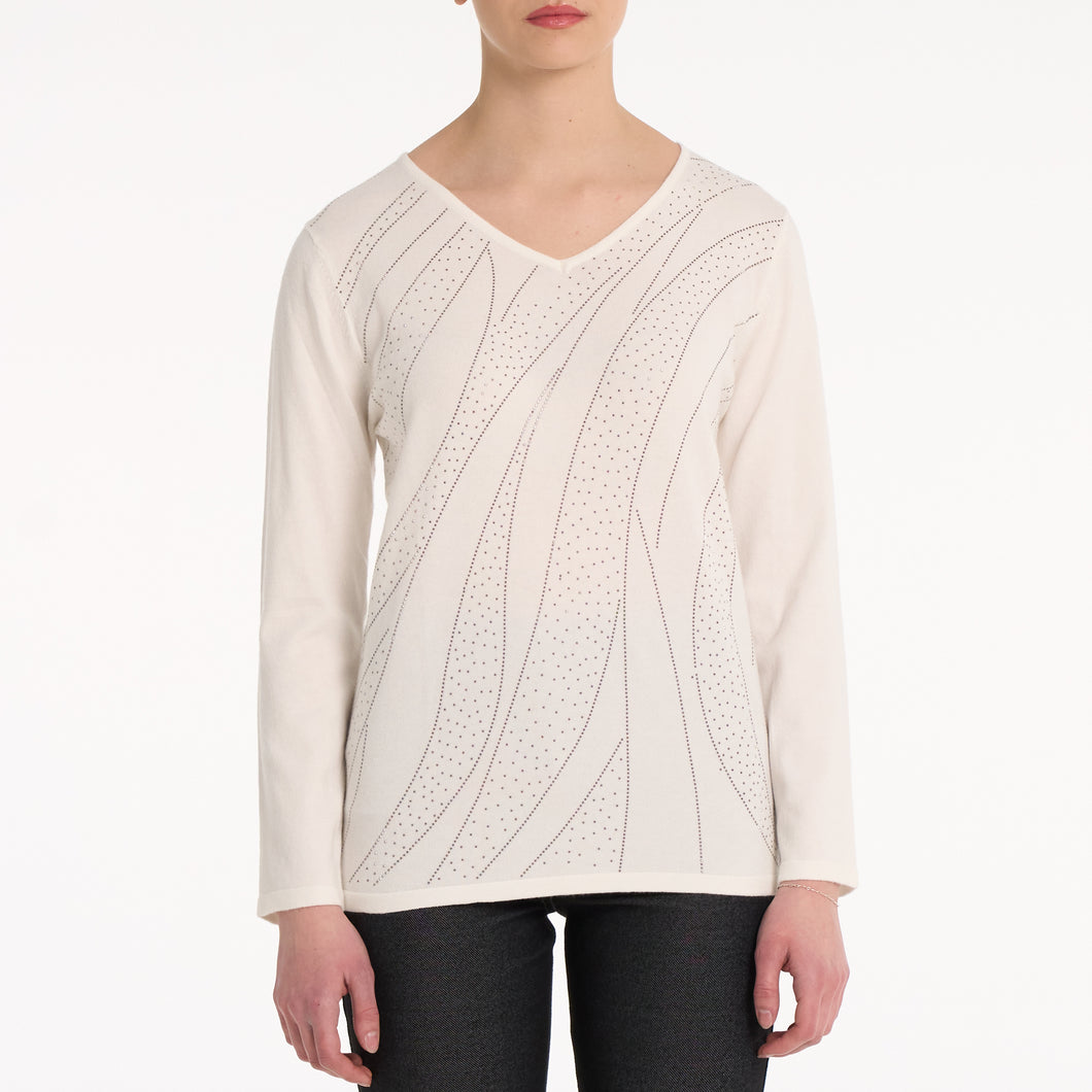 Moffi White V-Neck Long Sleeve Sweater with Sparkle