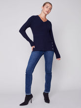 Load image into Gallery viewer, Charlie B Navy Plushy Knit V-Neck Sweater with Side Slit &amp; Grommet Detail
