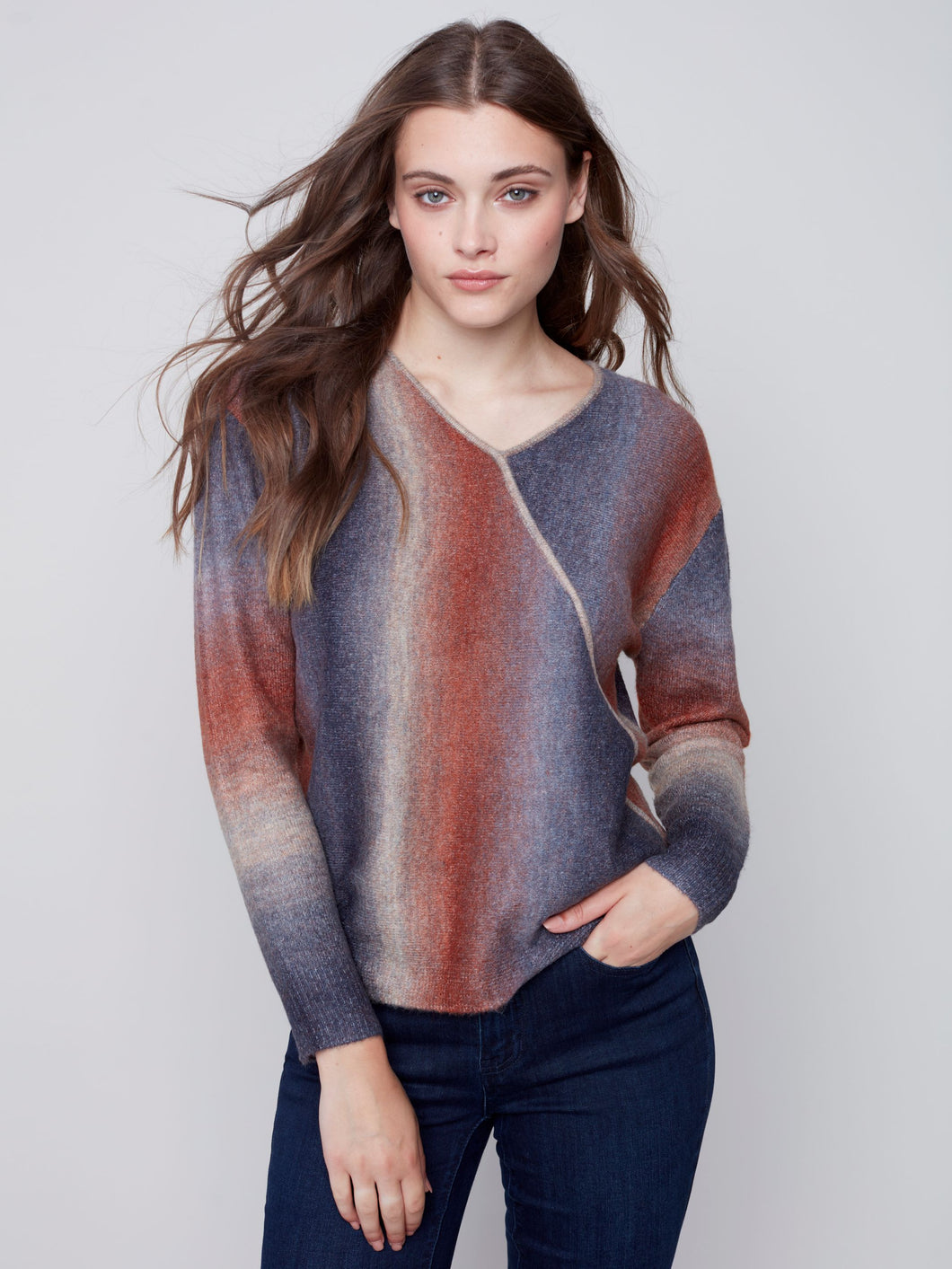 Charlie B Port V-Neck Wrap Front Sweater With Ombré Color Knit
