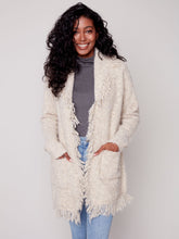 Load image into Gallery viewer, Charlie B Almond Fluffy Boucle Long Open Cardigan with Fringe Shawl Neck
