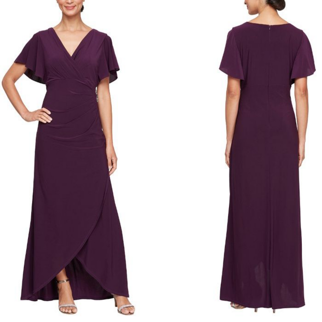 SLNY Wrap Front Gown with Short Flutter Sleeve