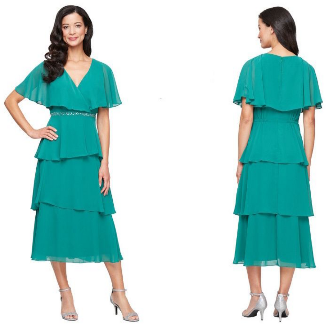 SLNY V-Neck Ruffled Tiered Dress with Cap Sleeve