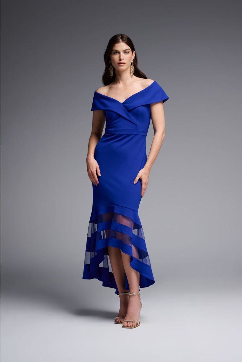 Joseph Ribkoff Scuba Crepe Trumpet Dress in Black or Royal Sapphire