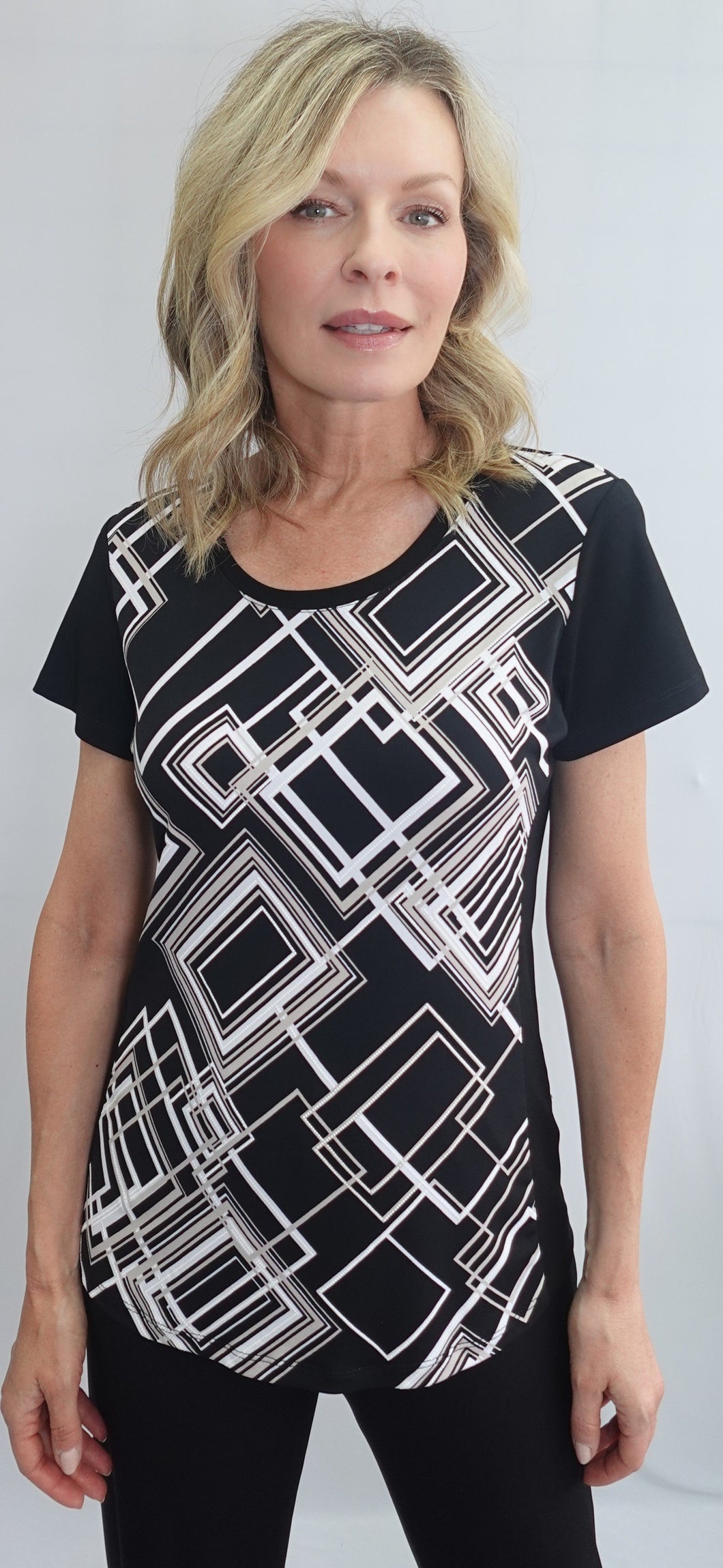 Soft Works Black, White & Sand Lattice Print Short Sleeve Top