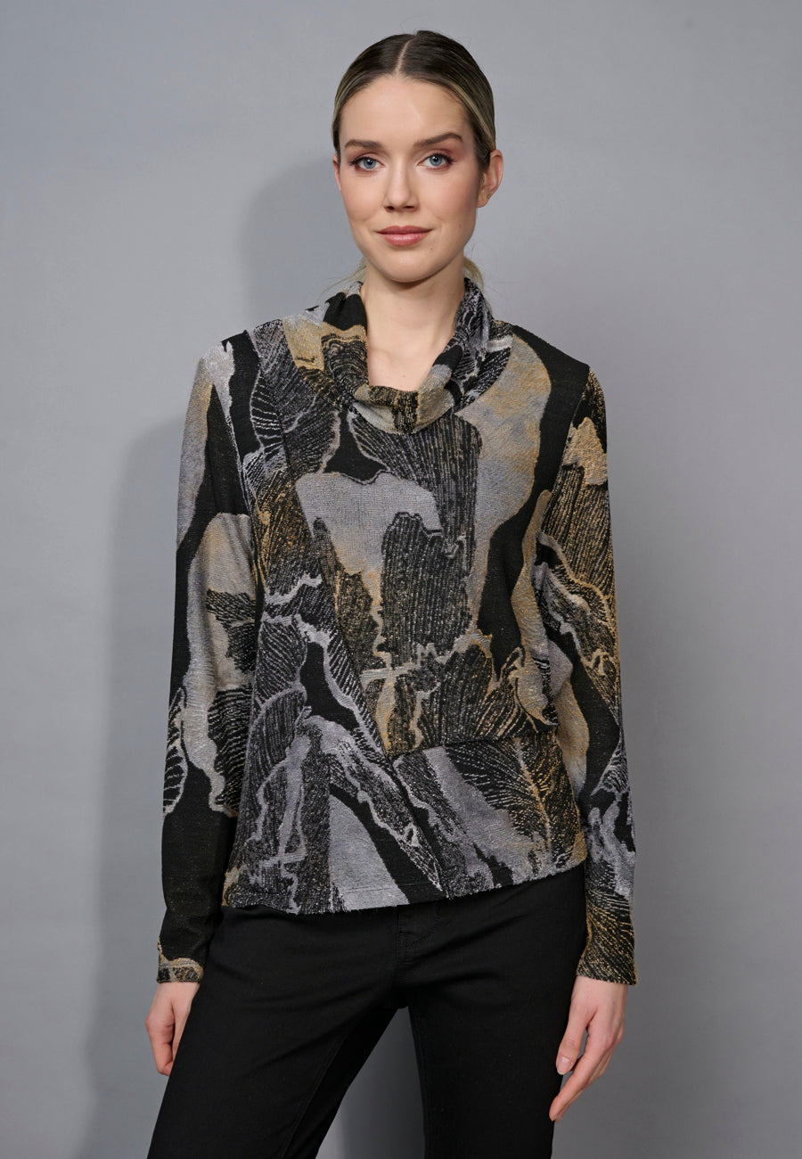 Picadilly Dijon Multi Draped Neck Long Sleeve Clipped Jacquard Top