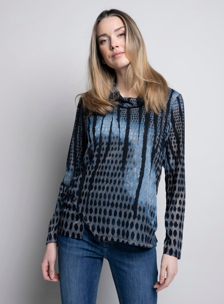 Picadilly Blue Multi Long Sleeve Cowl Neck Top