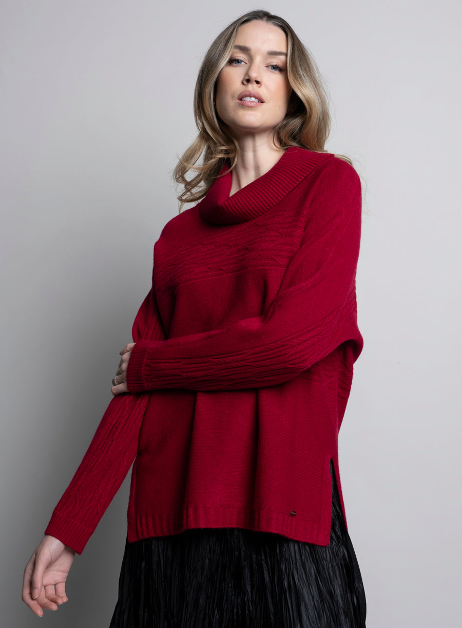 Picadilly Long Sleeve Sangria Cowl Neck Cable Knit Top