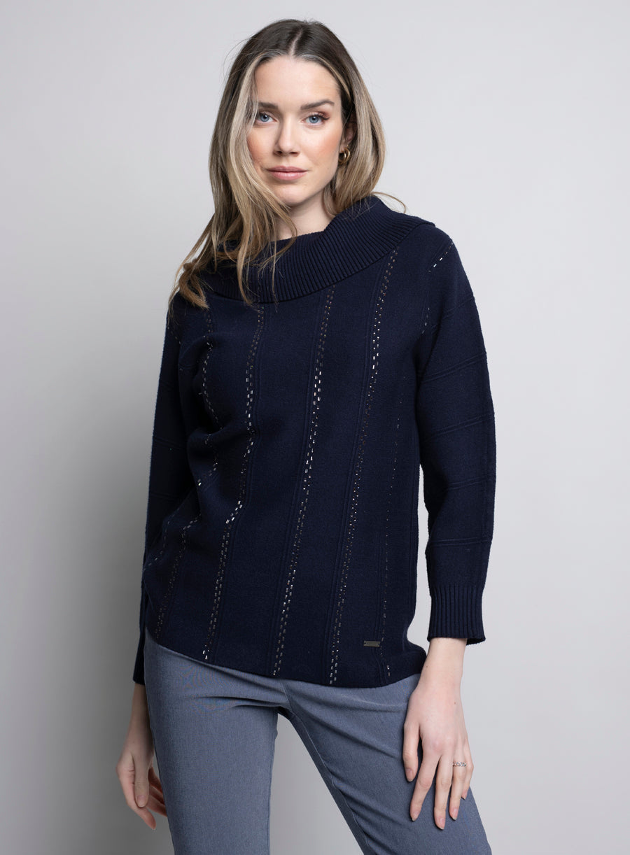 Picadilly Long Sleeve Deep Navy Cowl Neck Top with Rhinestones