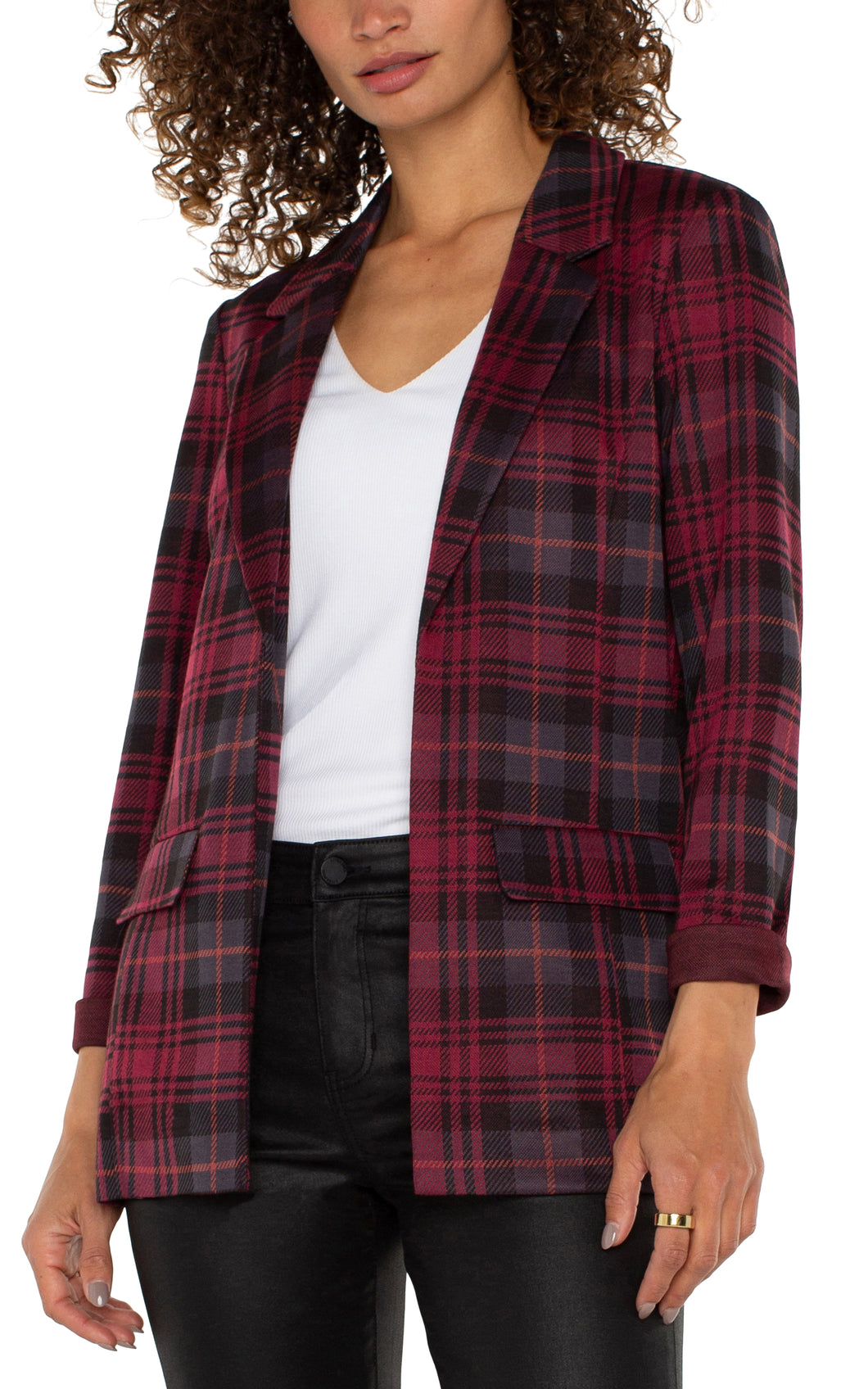 Liverpool Blackberry Tartan Plaid Boyfriend Blazer with Princess Dart