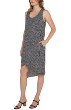 Load image into Gallery viewer, Liverpool Black with White Dot Sleeveless U-Neck Dress with Asymmetrical Hem

