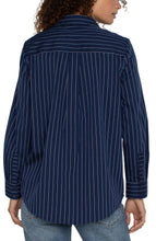 Load image into Gallery viewer, Liverpool Navy White Long Sleeve Button Front Poplin Pinstripe Blouse
