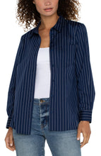 Load image into Gallery viewer, Liverpool Navy White Long Sleeve Button Front Poplin Pinstripe Blouse
