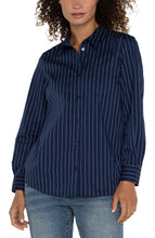 Load image into Gallery viewer, Liverpool Navy White Long Sleeve Button Front Poplin Pinstripe Blouse
