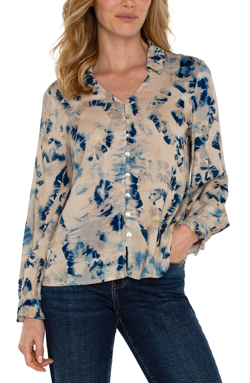 Liverpool Lapis Multi Button Front Long Sleeve Collared Woven Print Blouse