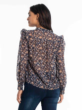 Load image into Gallery viewer, Lois Gisela Navy Combo Long Sleeve V-Neck Sheer Floral Print Blouse
