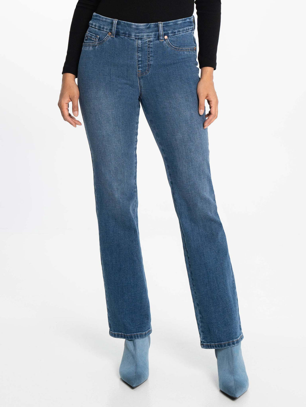 Lois Maddie Medium Blue Mid High Waist Pull On Straight Leg Jeans