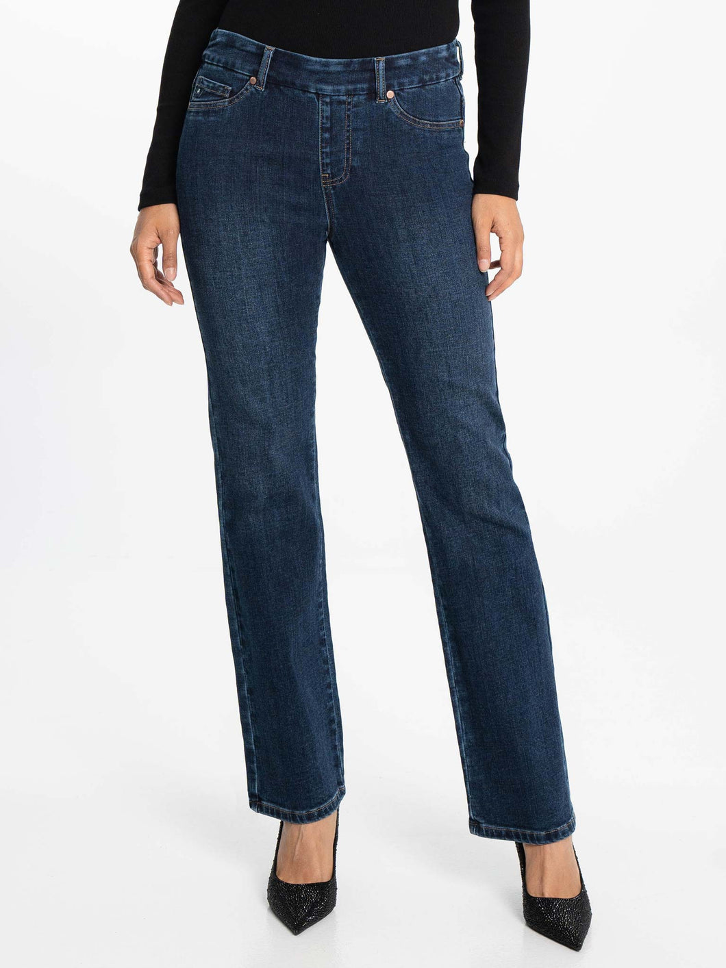 Lois Maddie Dark Blue Mid High Waist Pull On Straight Leg Jeans