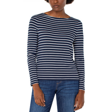 Load image into Gallery viewer, Liverpool Long Sleeve Striped Boat Neck Top in Black/White or Navy/White
