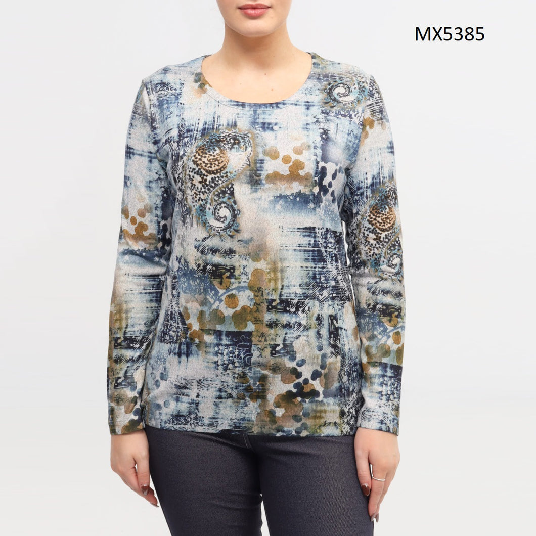 Moffi Blue & Gold Round Neck Long Sleeve Abstract Print Top