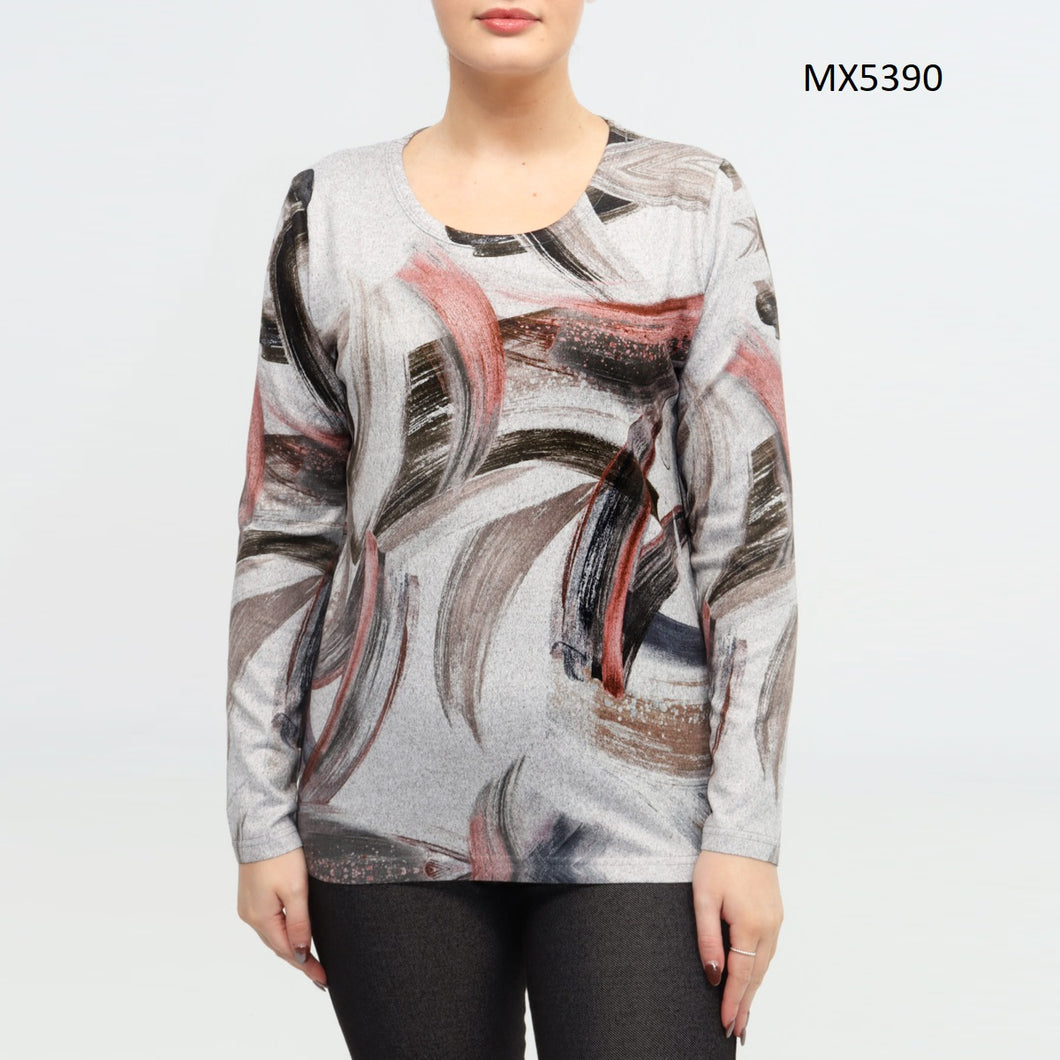 Moffi Grey, Peach, Black & Beige Round Neck Print Pullover Sweater