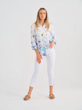 Load image into Gallery viewer, Dolcezza Simply Art White Multi &quot;Misty Blossom&quot; Print Linen Tunic Button Front Shirt
