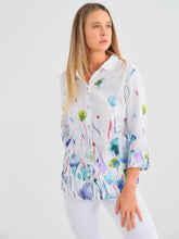 Load image into Gallery viewer, Dolcezza Simply Art White Multi &quot;Misty Blossom&quot; Print Linen Tunic Button Front Shirt
