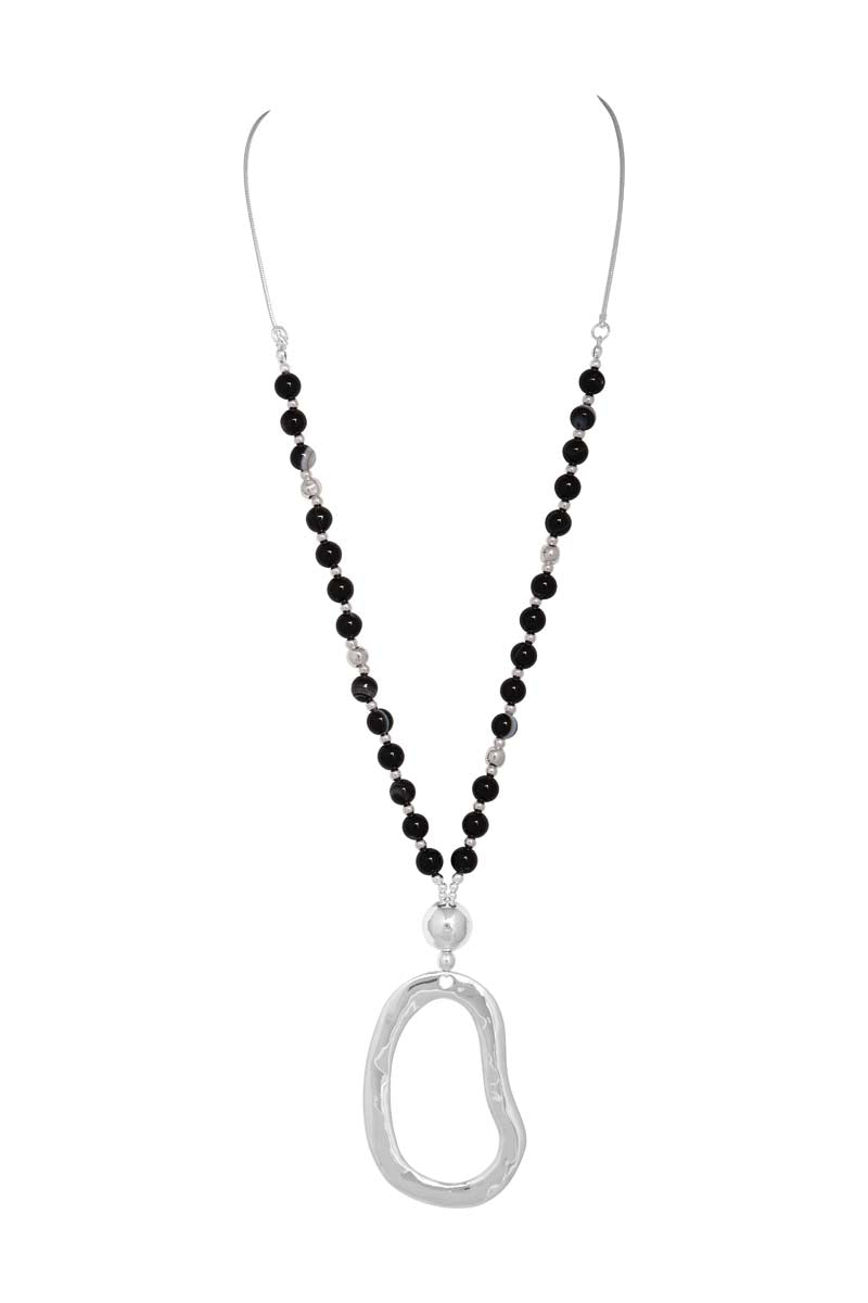 Merx Fashion Chain Necklace Shiny Silver, Black & White Semi-Precious Stones