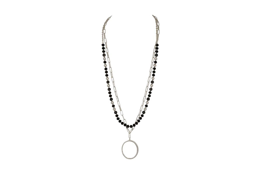 Merx Studio Shiny Silver & Black Double Chain Necklace with Hoop Pendant