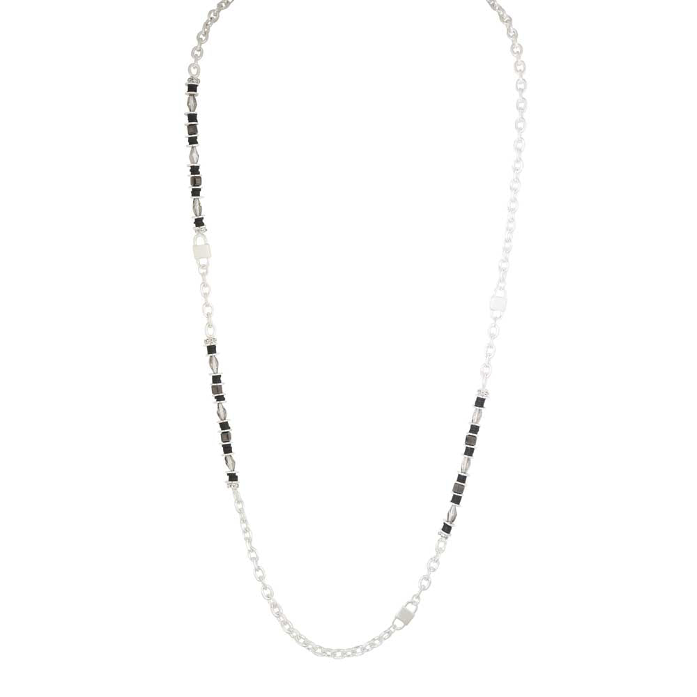 Merx Fashion Shiny Silver Long Chain Necklace with Black Beads