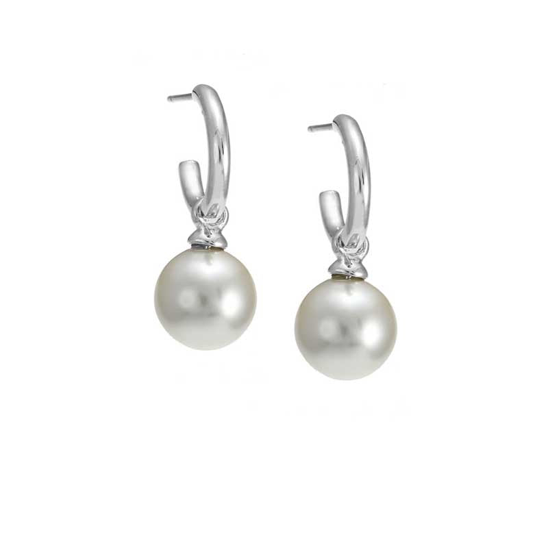 Merx Perla Rhodium Short Dangle 12mm Round Glass Pearl Earrings