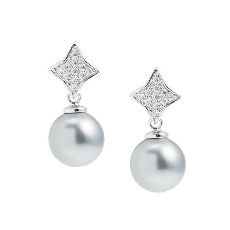 Merx Perla Rhodium Dangle 10mm Round Glass Pearl Earrings with Crystal Accent