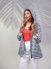 Load image into Gallery viewer, Alison Sheri Navy &amp; White Waterproof &amp; Windproof Zipper Rain Coat with Hood
