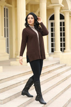 Load image into Gallery viewer, Orange Fashion Village Slitted One Size Fall Cardigan in Blue or Brown

