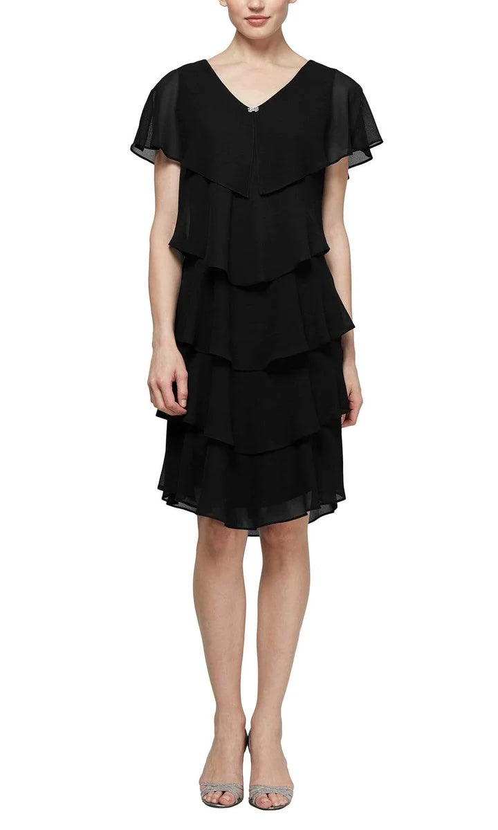 SLNY V-Neck Tiered Chiffon Dress with Cap Sleeve