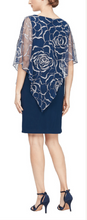 Load image into Gallery viewer, SLNY Short Navy Sleeveless Dress with Navy &amp; Rose Gold Attached Cape
