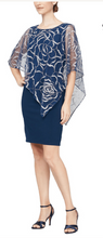 Load image into Gallery viewer, SLNY Short Navy Sleeveless Dress with Navy &amp; Rose Gold Attached Cape
