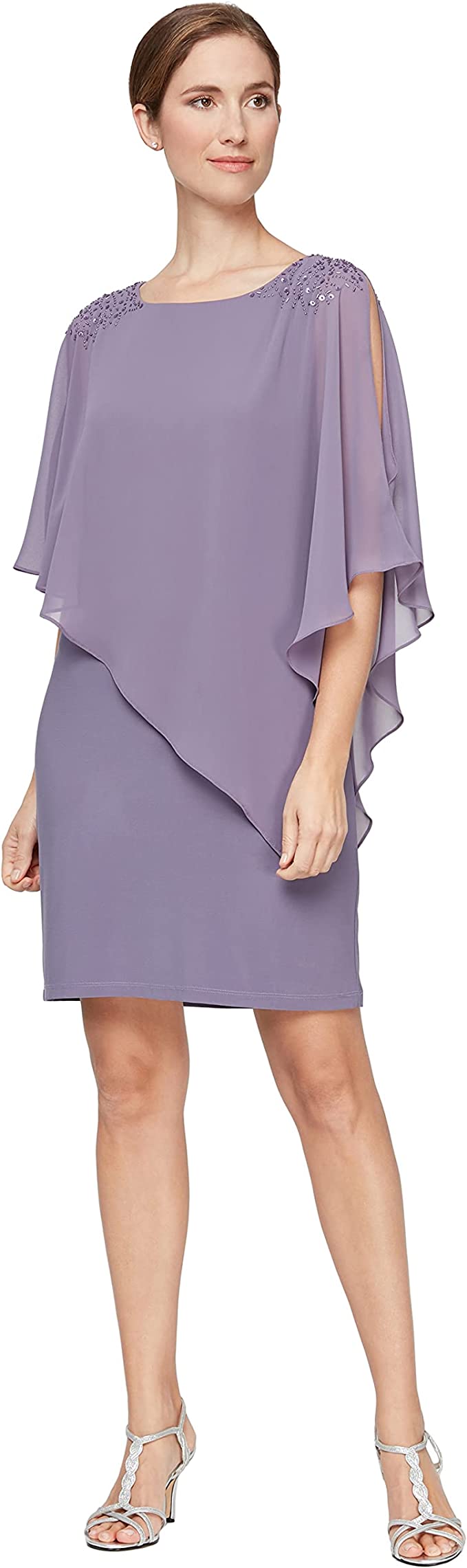 SLNY Icy Orchid Sleeveless Dress with Attached Chiffon Cape
