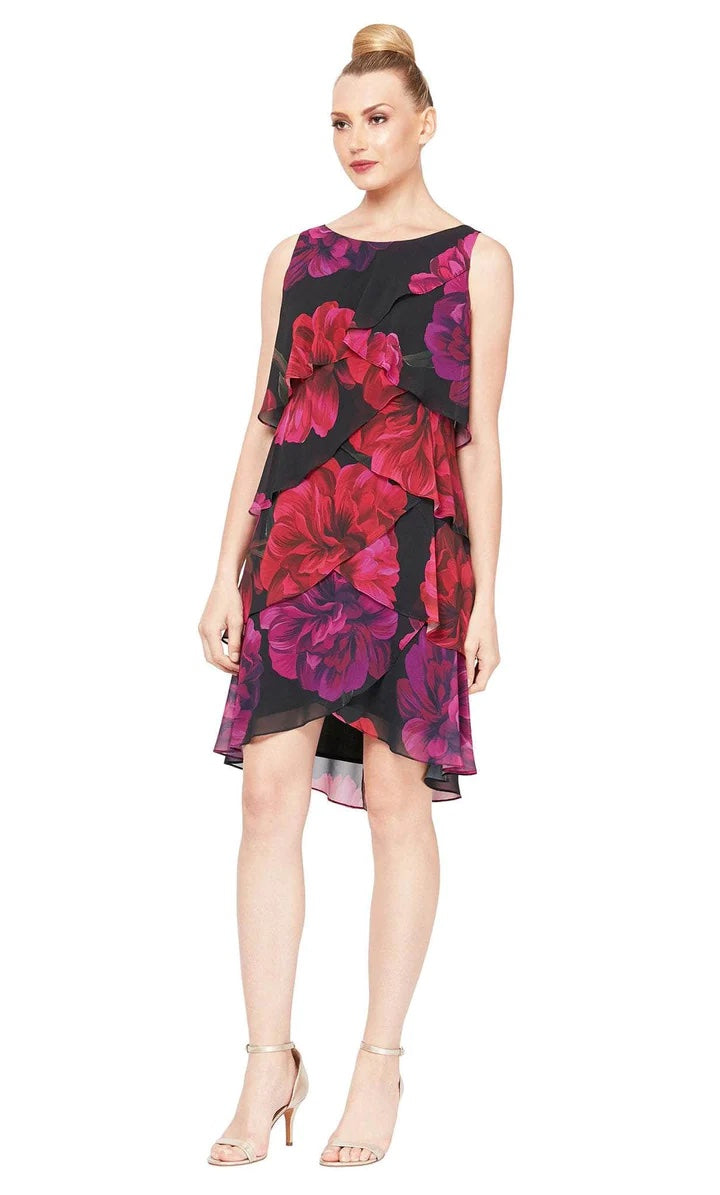 SLNY Black Multi Floral Print Sleeveless Tiered Chiffon Dress