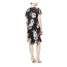 Load image into Gallery viewer, SLNY Black Multi Floral Print Short Flutter Sleeve V-Neck Tier Dress
