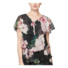 Load image into Gallery viewer, SLNY Black Multi Floral Print Short Flutter Sleeve V-Neck Tier Dress
