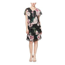 Load image into Gallery viewer, SLNY Black Multi Floral Print Short Flutter Sleeve V-Neck Tier Dress
