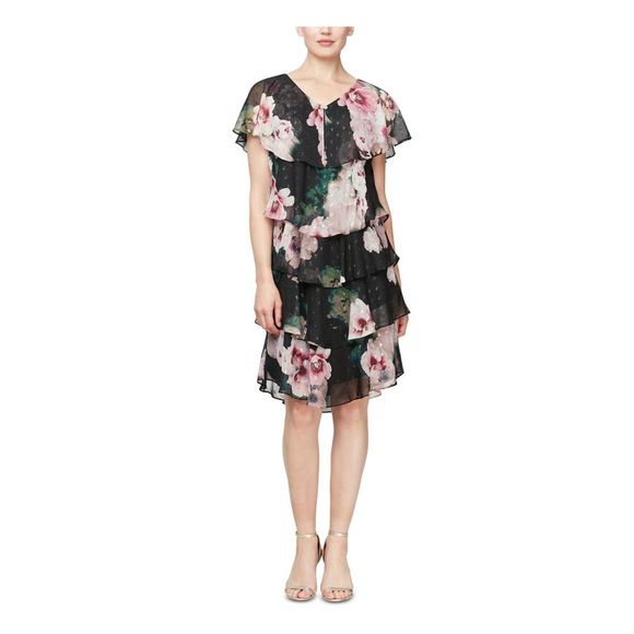 SLNY Black Multi Floral Print Short Flutter Sleeve V-Neck Tier Dress